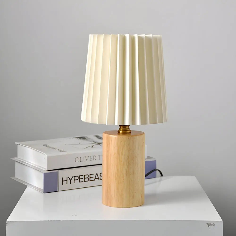 Pleated Empire Lampshade Wood Column Table Lamp Luxe