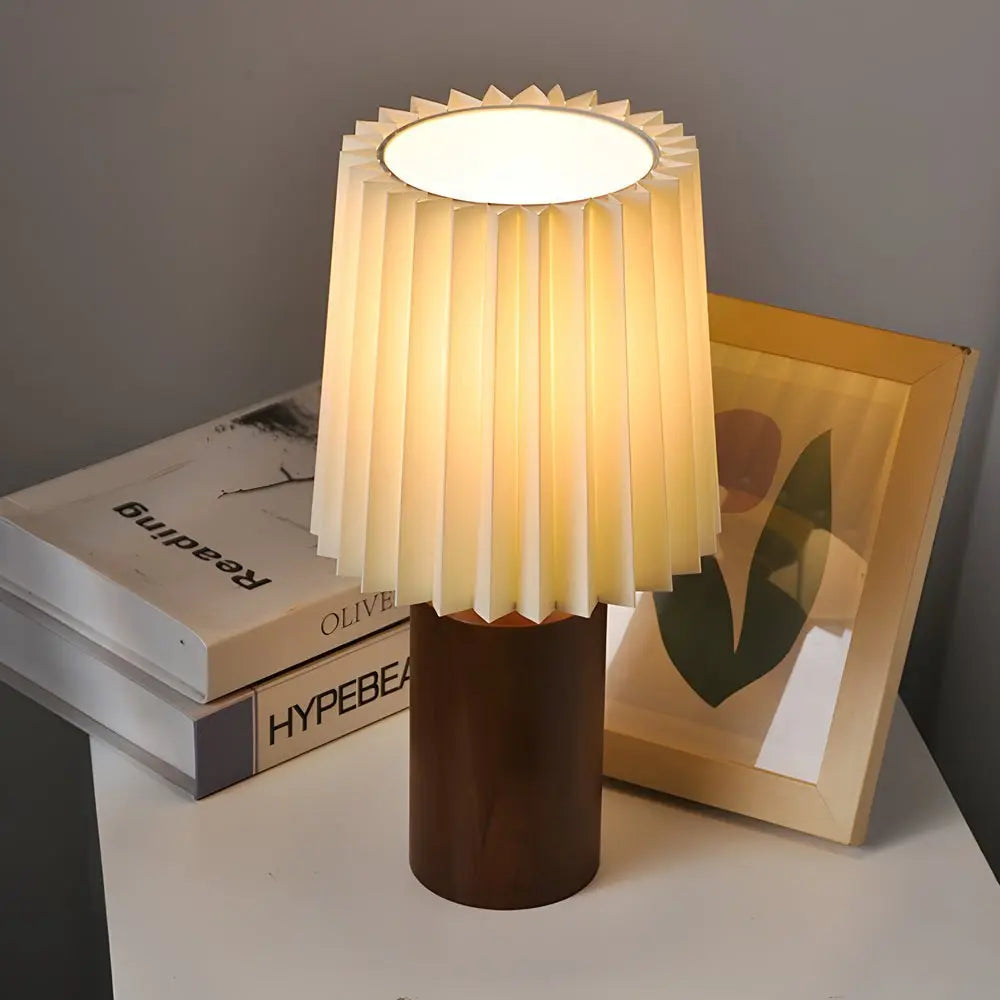 Pleated Empire Lampshade Wood Column Table Lamp Luxe