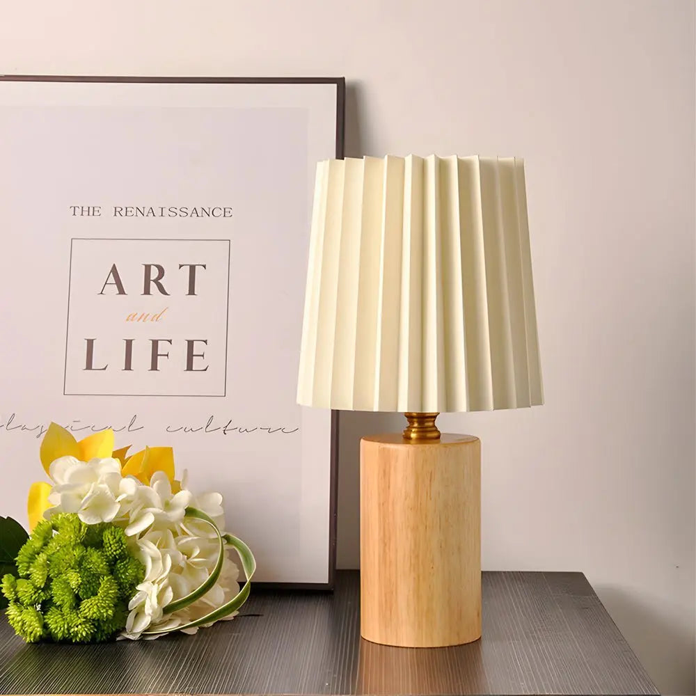 Pleated Empire Lampshade Wood Column Table Lamp Luxe