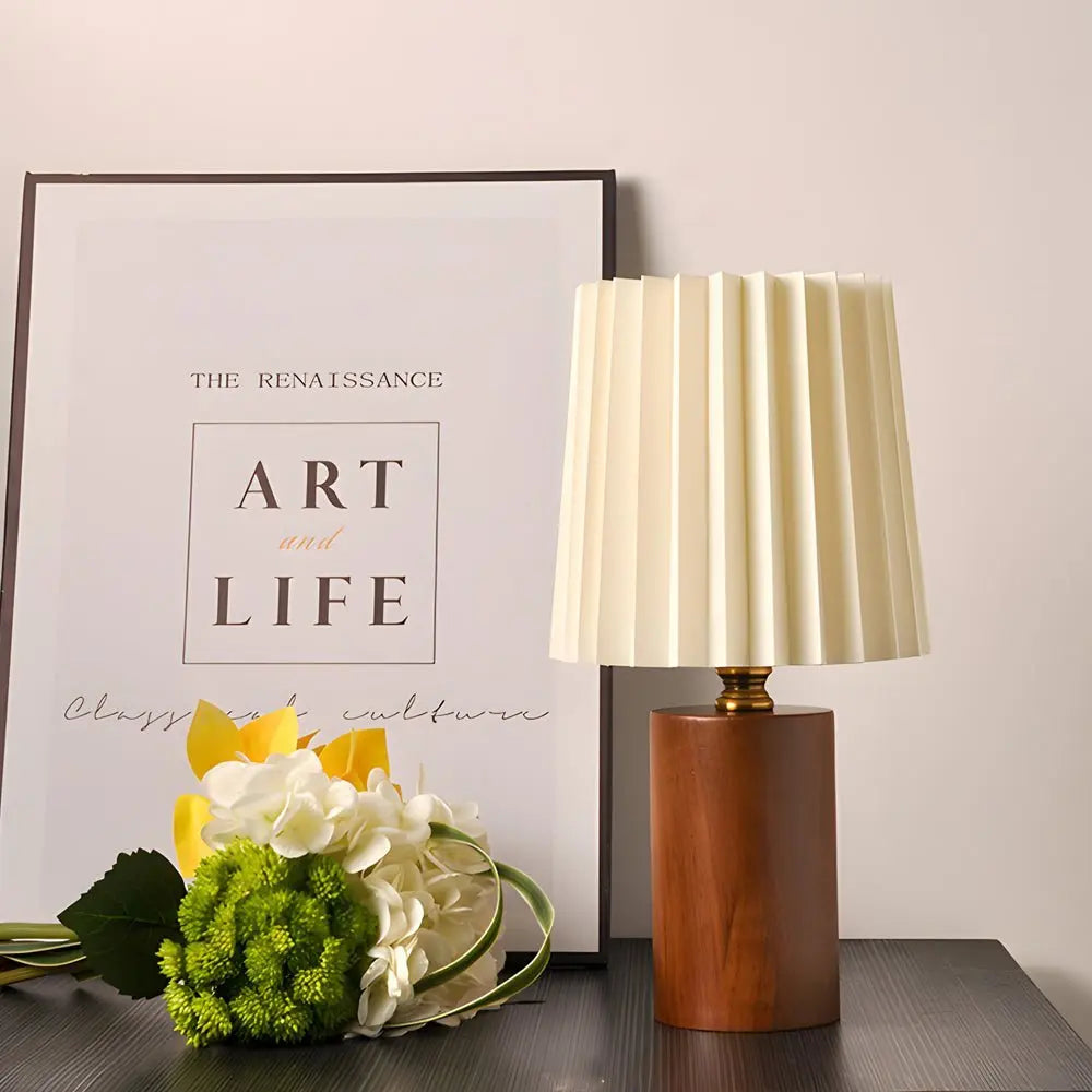 Pleated Empire Lampshade Wood Column Table Lamp Luxe