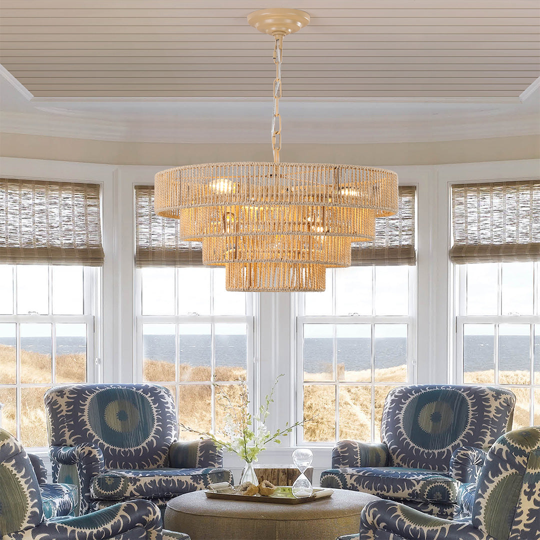 Zen Jute-Rope Chandelier — Iron Frame, Hand-Woven Natural Jute, 6-Light or 8-Light, E12, 59.1" Adjustable Chain