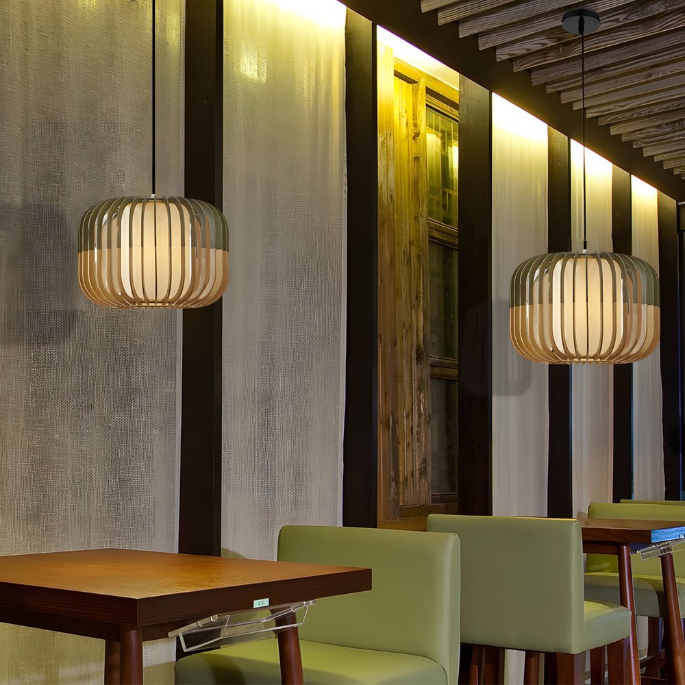 Lantern Pendant Chandelier — Basswood and Fabric Shade, Japandi, E27, 3000K Warm White