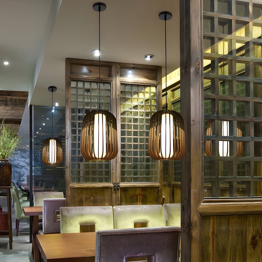 Lantern Pendant Chandelier — Basswood and Fabric Shade, Japandi, E27, 3000K Warm White