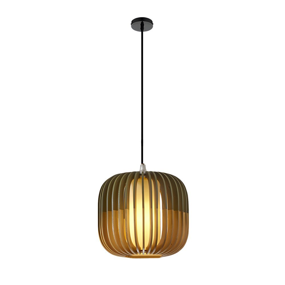 Lantern Pendant Chandelier — Basswood and Fabric Shade, Japandi, E27, 3000K Warm White