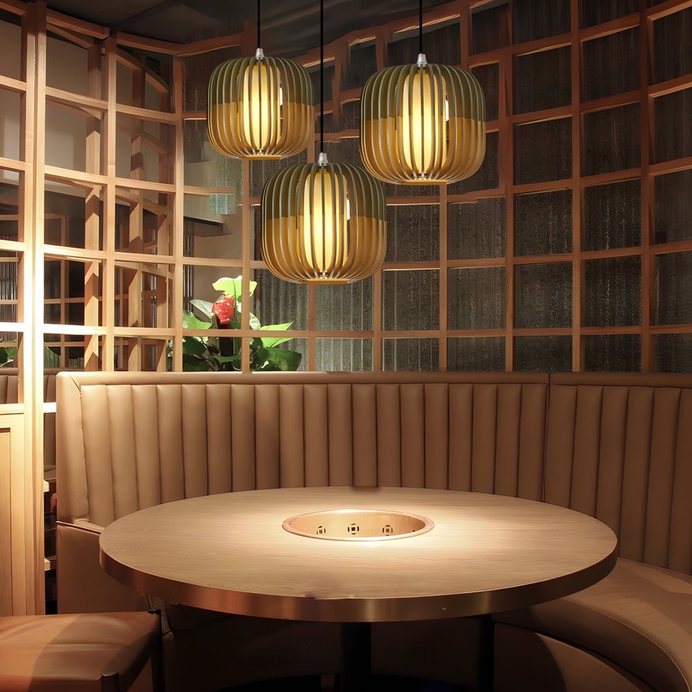 Lantern Pendant Chandelier — Basswood and Fabric Shade, Japandi, E27, 3000K Warm White