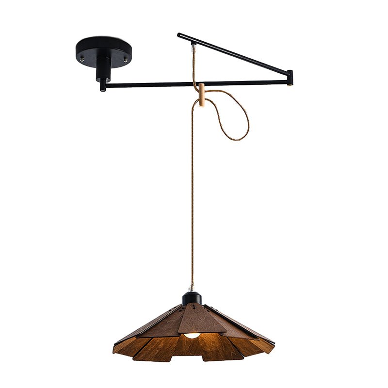 Wood Umbrella Pendant Chandelier — Rubberwood & Iron, Swing Arm, 3-Step Dimming, E27, 13.8" Diameter