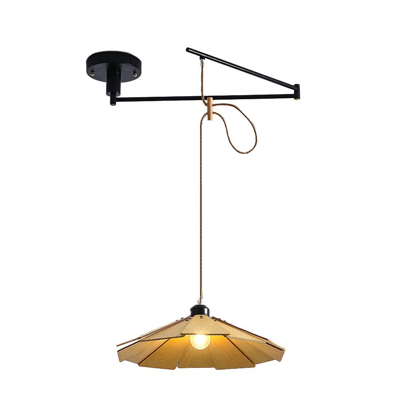 Wood Umbrella Pendant Chandelier — Rubberwood & Iron, Swing Arm, 3-Step Dimming, E27, 13.8" Diameter