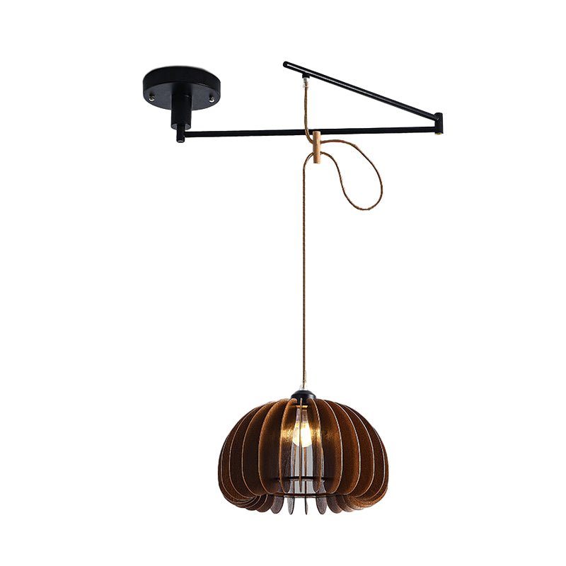 Wood Umbrella Pendant Chandelier — Rubberwood & Iron, Swing Arm, 3-Step Dimming, E27, 13.8" Diameter