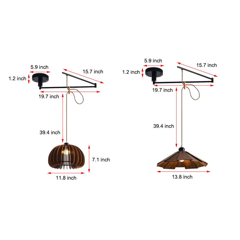 Wood Umbrella Pendant Chandelier — Rubberwood & Iron, Swing Arm, 3-Step Dimming, E27, 13.8" Diameter