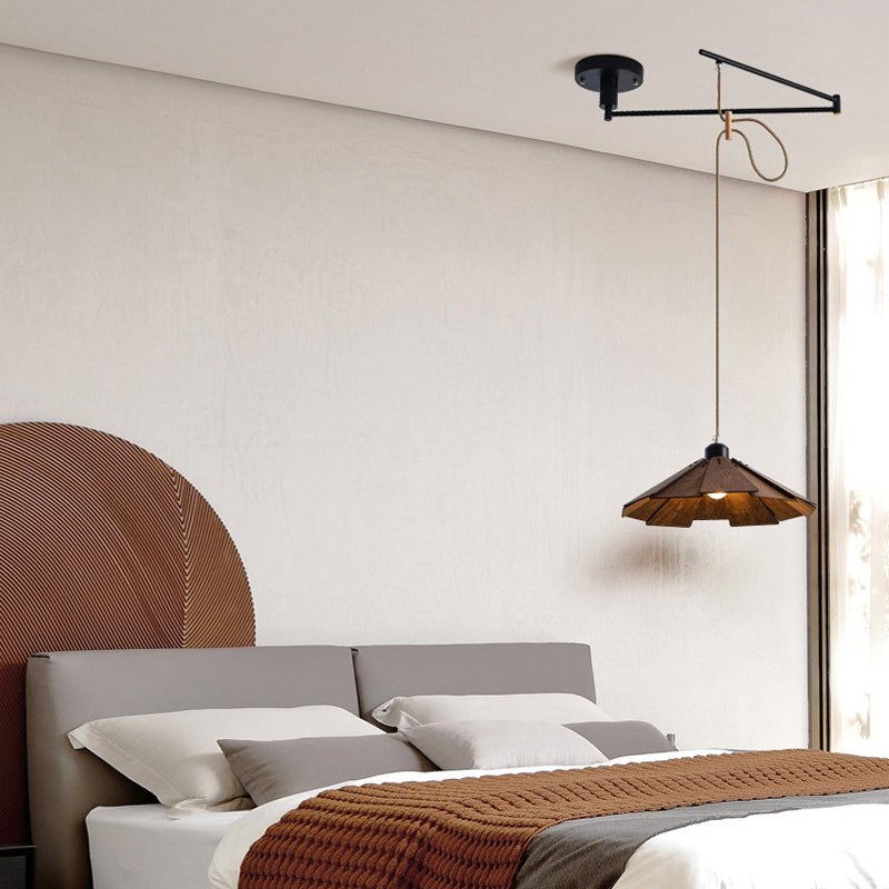 Wood Umbrella Pendant Chandelier — Rubberwood & Iron, Swing Arm, 3-Step Dimming, E27, 13.8" Diameter