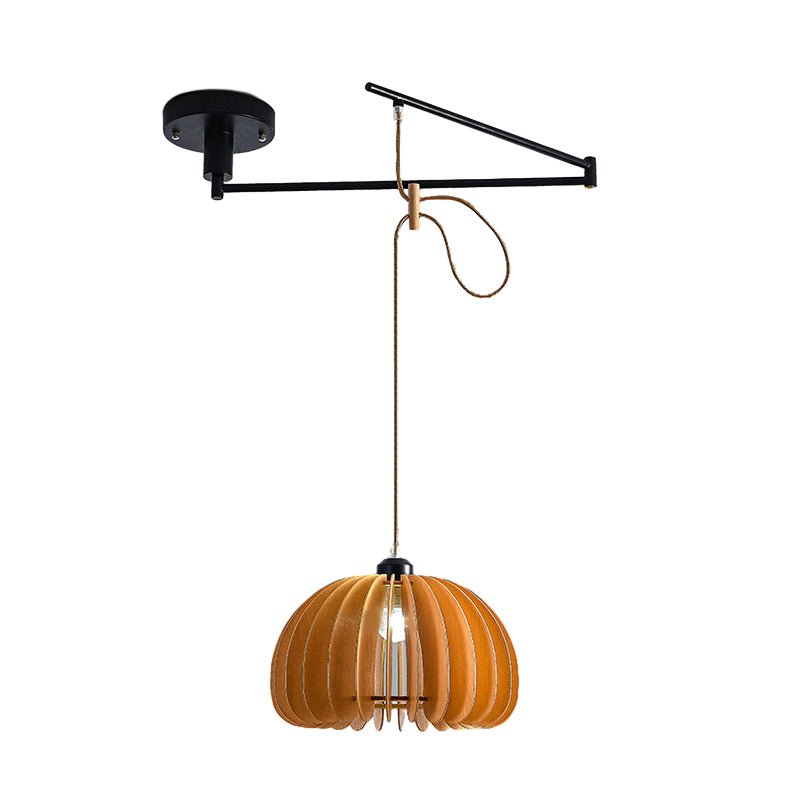 Wood Umbrella Pendant Chandelier — Rubberwood & Iron, Swing Arm, 3-Step Dimming, E27, 13.8" Diameter