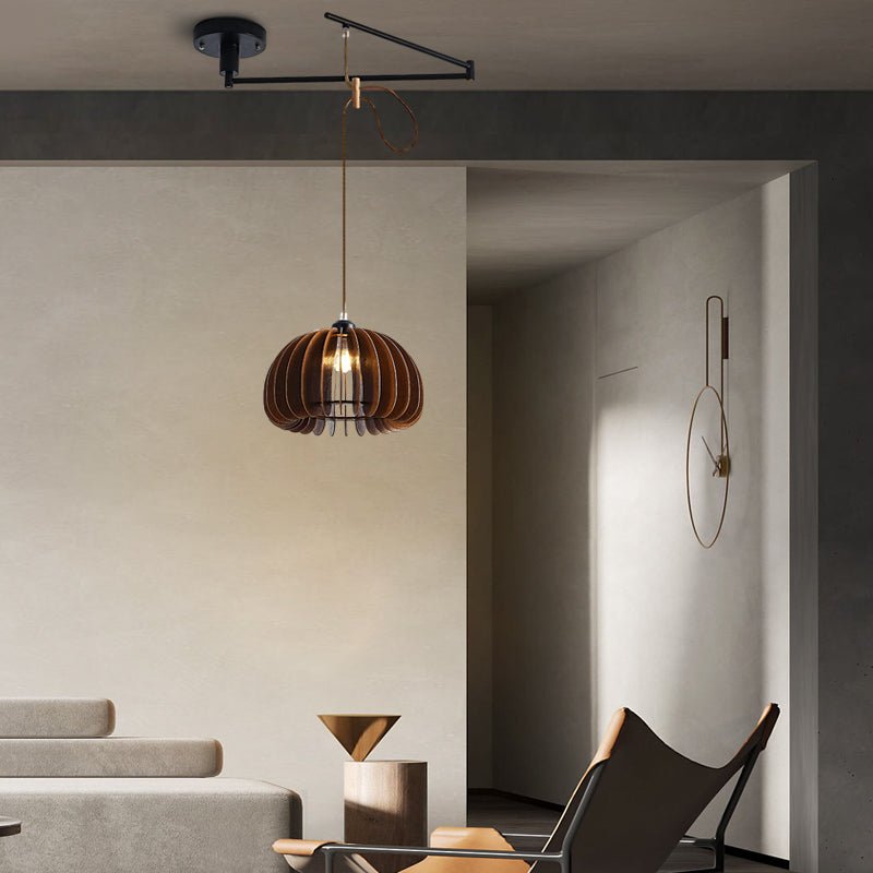 Wood Umbrella Pendant Chandelier — Rubberwood & Iron, Swing Arm, 3-Step Dimming, E27, 13.8" Diameter