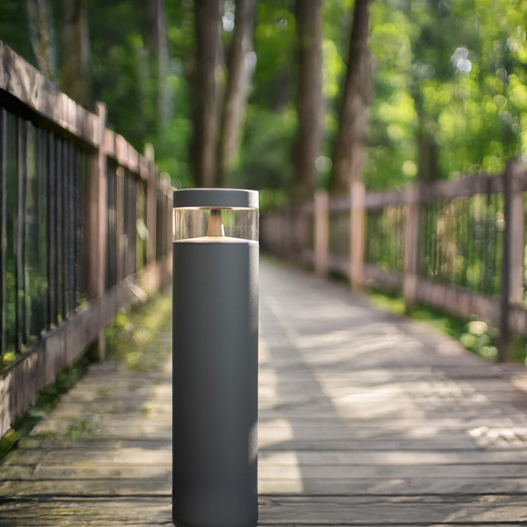 Minimalist Cylindrical Outdoor Bollard Path Light — Sand-Gray Aluminum, LED 12W, 3000K, IP65 Weatherproof