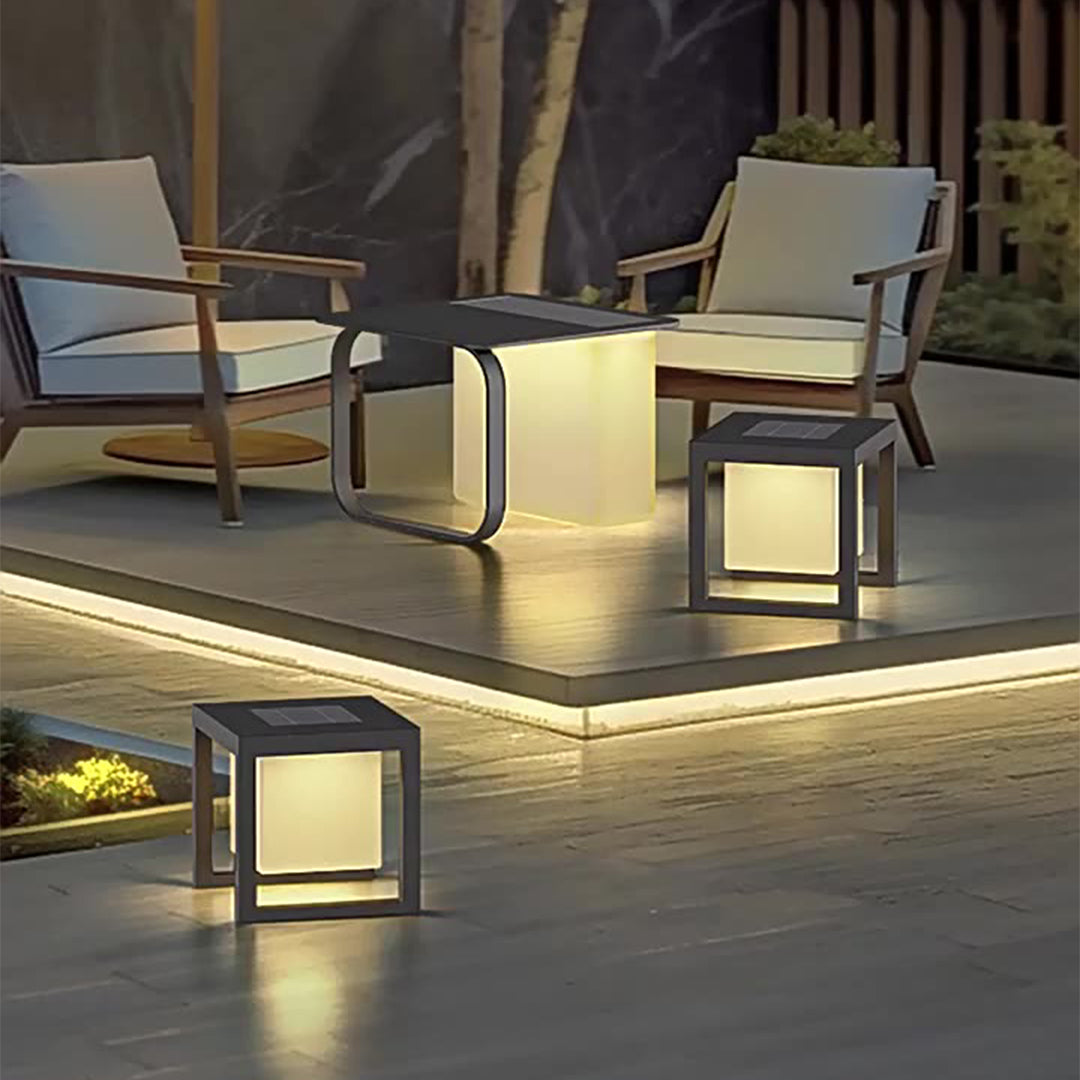 Solar Outdoor Floor Lamp with Table or Chair — Stainless Steel, 12W LED 3000K, IP65, Remote Control