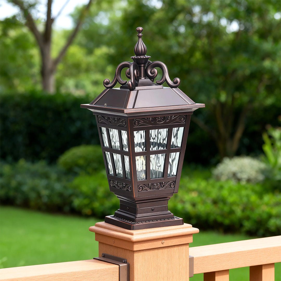 Vintage Carved Pillar Garden Light — Cast Aluminum with Glass Shade, 12W E27, IP44, 3000K Warm White