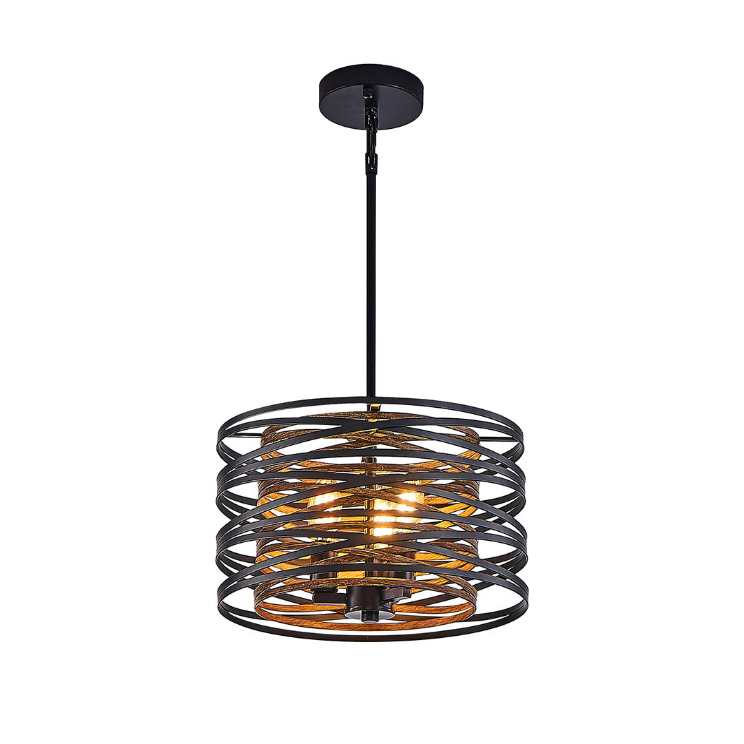 Round Drum Pendant Light — Black Iron, Walnut Wood Texture, Iron Cage, E12, 12.6" / 19.7" / 23.6"
