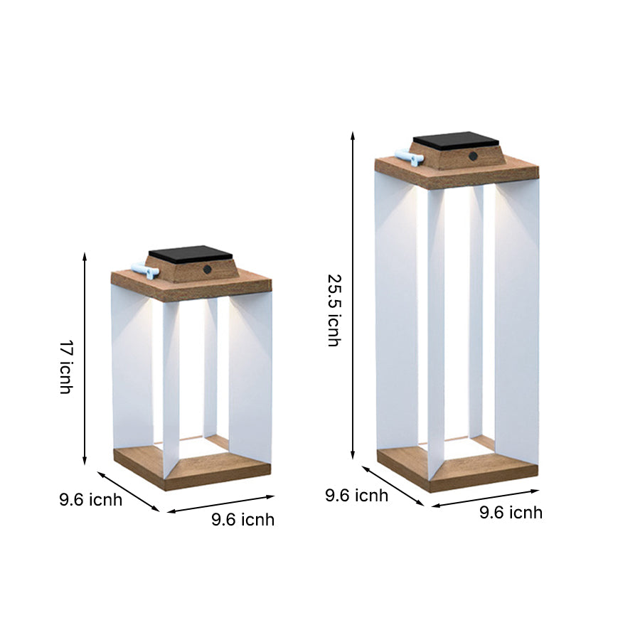 Modern Wood-Grain Outdoor Lantern — Stainless Steel, Solar / USB, 12W LED, 3000K, IP65, Dusk-to-Dawn, 16.9" or 25.6"
