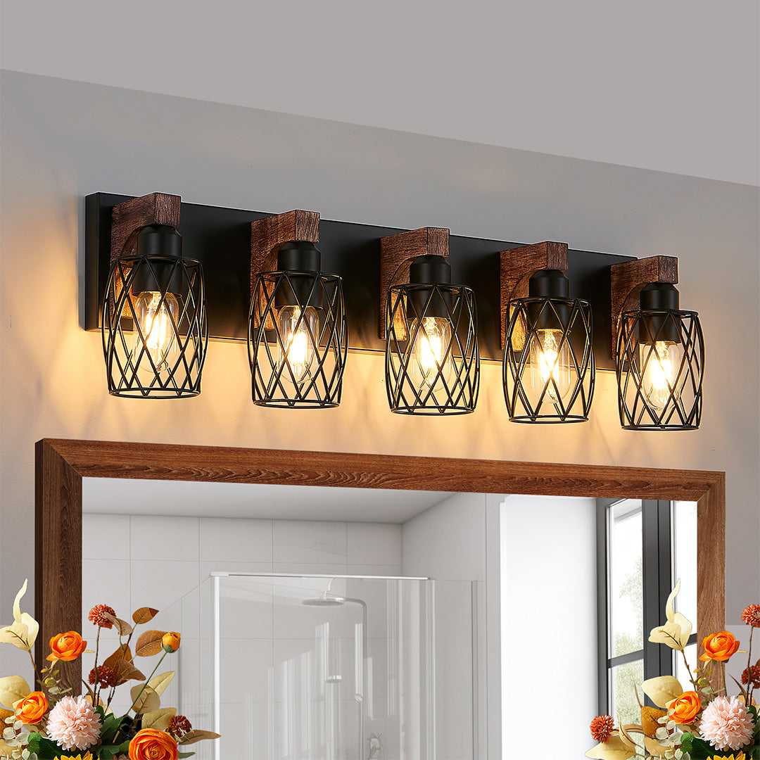 Metal Cage Bathroom Vanity Light — Black Finish, Walnut Wood, 3-to-7-Light, E26