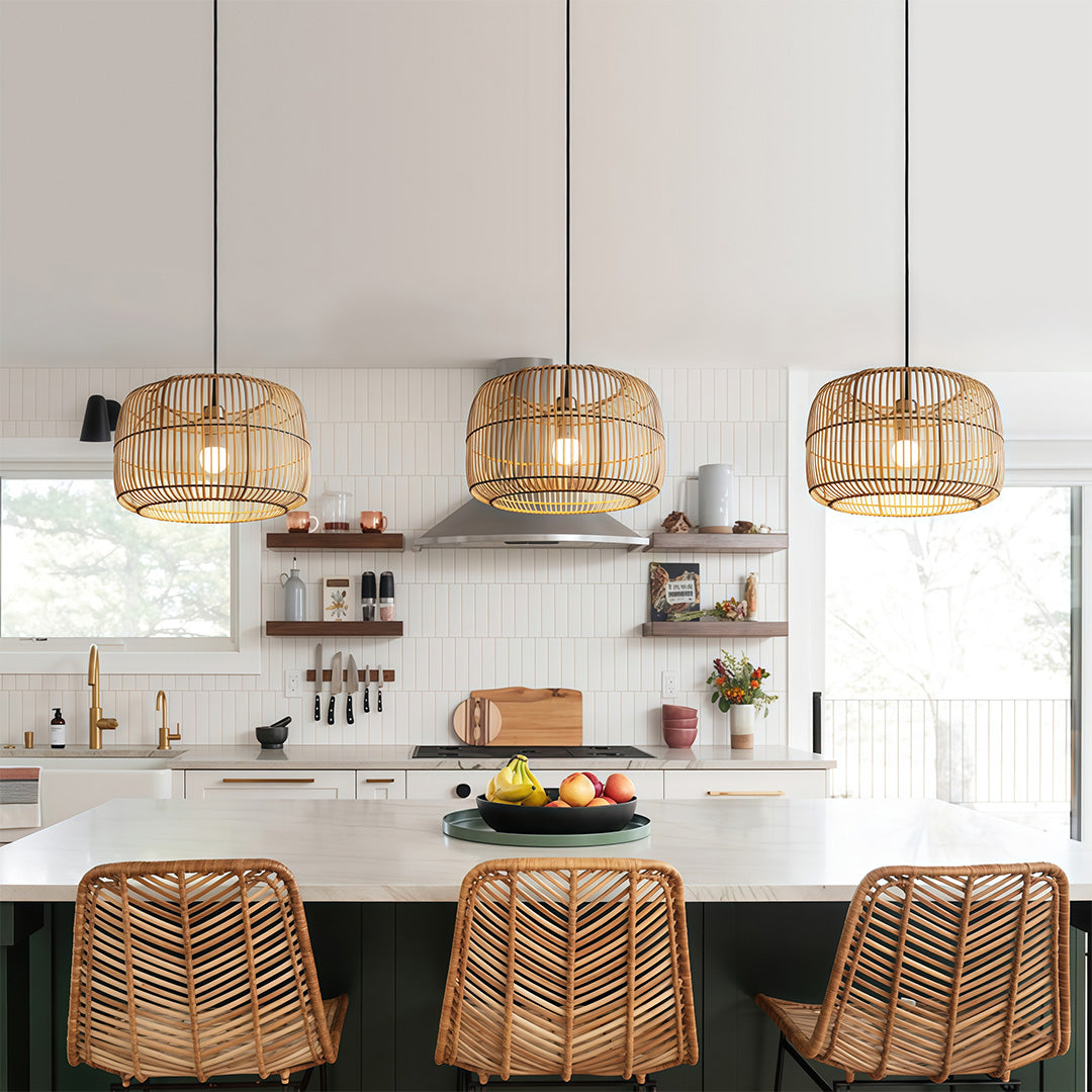 Japanese Minimalist Woven Pendant Light — Hand-Woven Bamboo & Rattan, 15.7" Diameter, E27, 59.1" Adjustable Chain