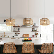 Japanese Minimalist Woven Pendant Light — Hand-Woven Bamboo & Rattan, 15.7" Diameter, E27, 59.1" Adjustable Chain