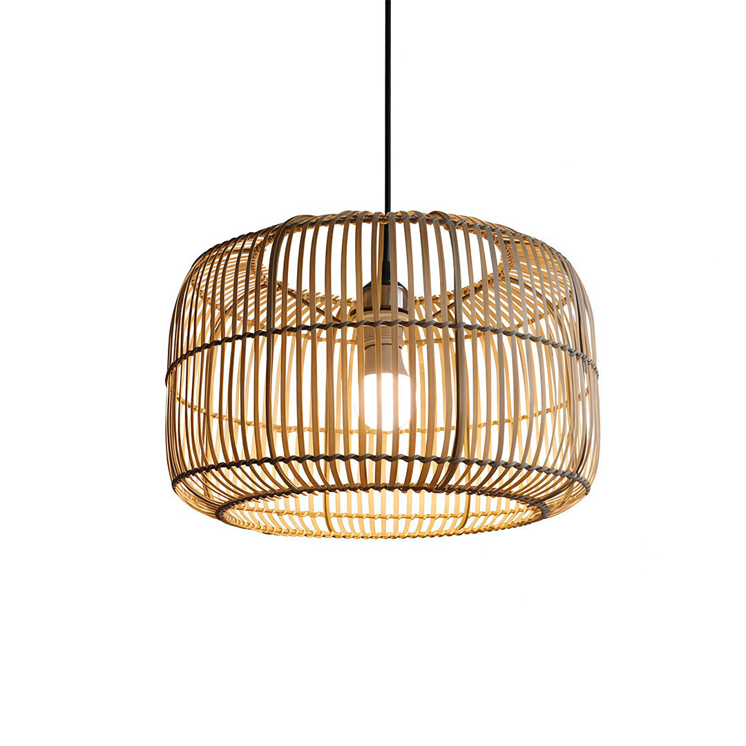 Japanese Minimalist Woven Pendant Light — Hand-Woven Bamboo & Rattan, 15.7" Diameter, E27, 59.1" Adjustable Chain