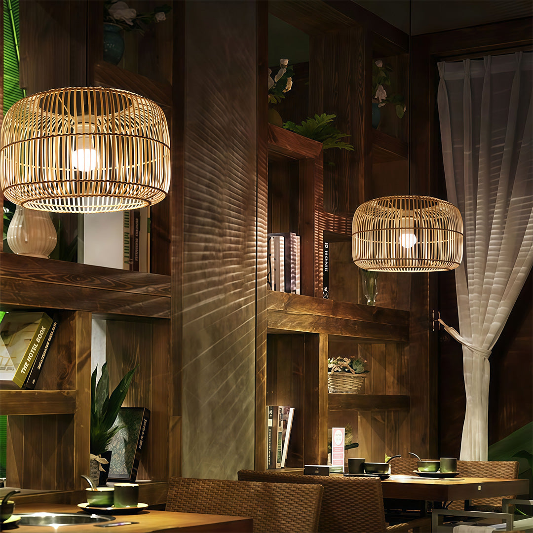 Japanese Minimalist Woven Pendant Light — Hand-Woven Bamboo & Rattan, 15.7" Diameter, E27, 59.1" Adjustable Chain