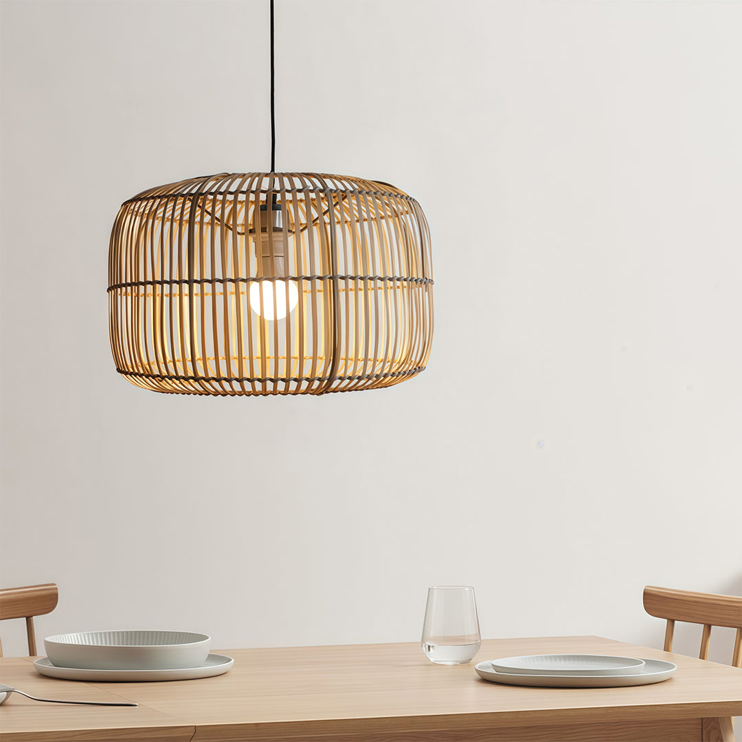Japanese Minimalist Woven Pendant Light — Hand-Woven Bamboo & Rattan, 15.7" Diameter, E27, 59.1" Adjustable Chain