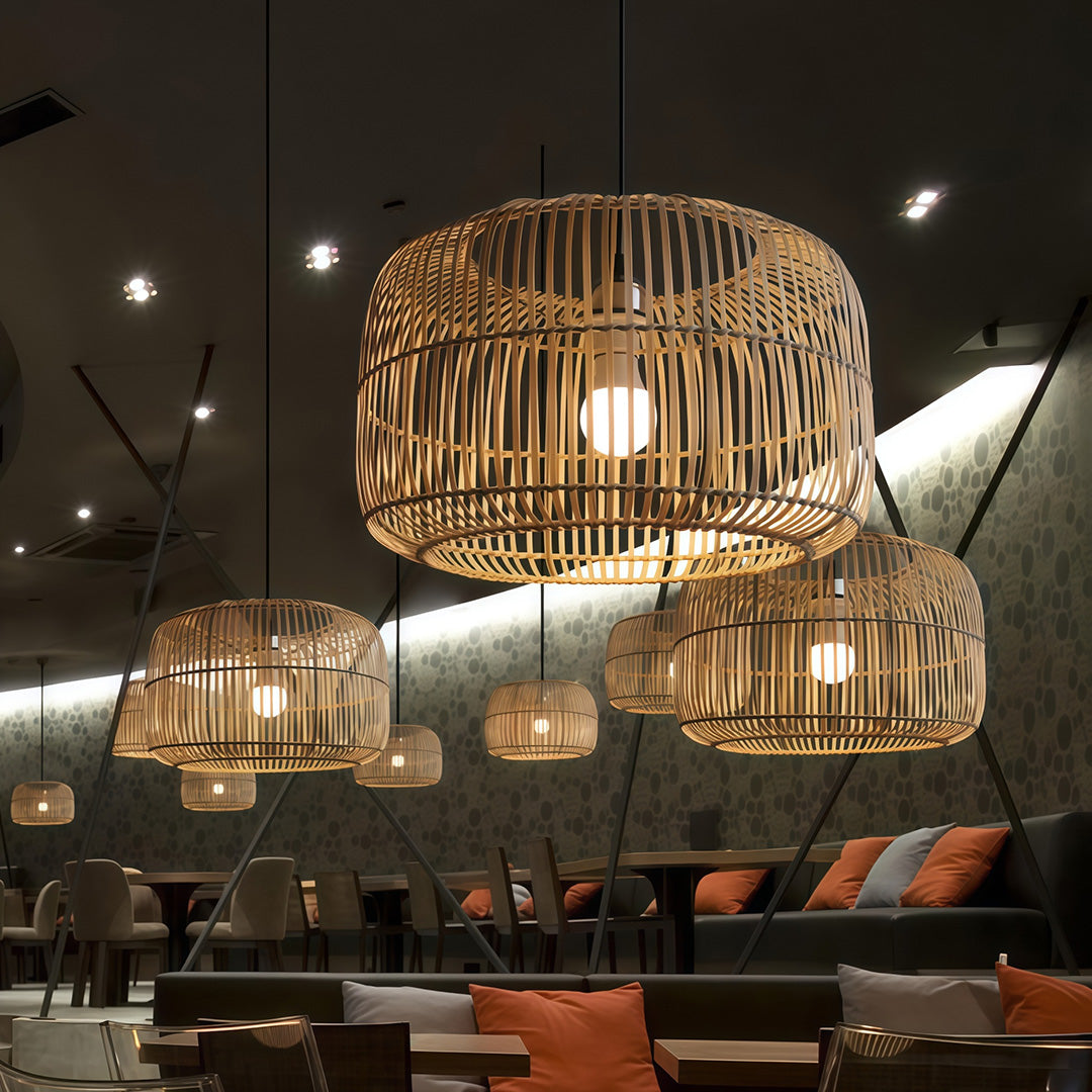 Japanese Minimalist Woven Pendant Light — Hand-Woven Bamboo & Rattan, 15.7" Diameter, E27, 59.1" Adjustable Chain