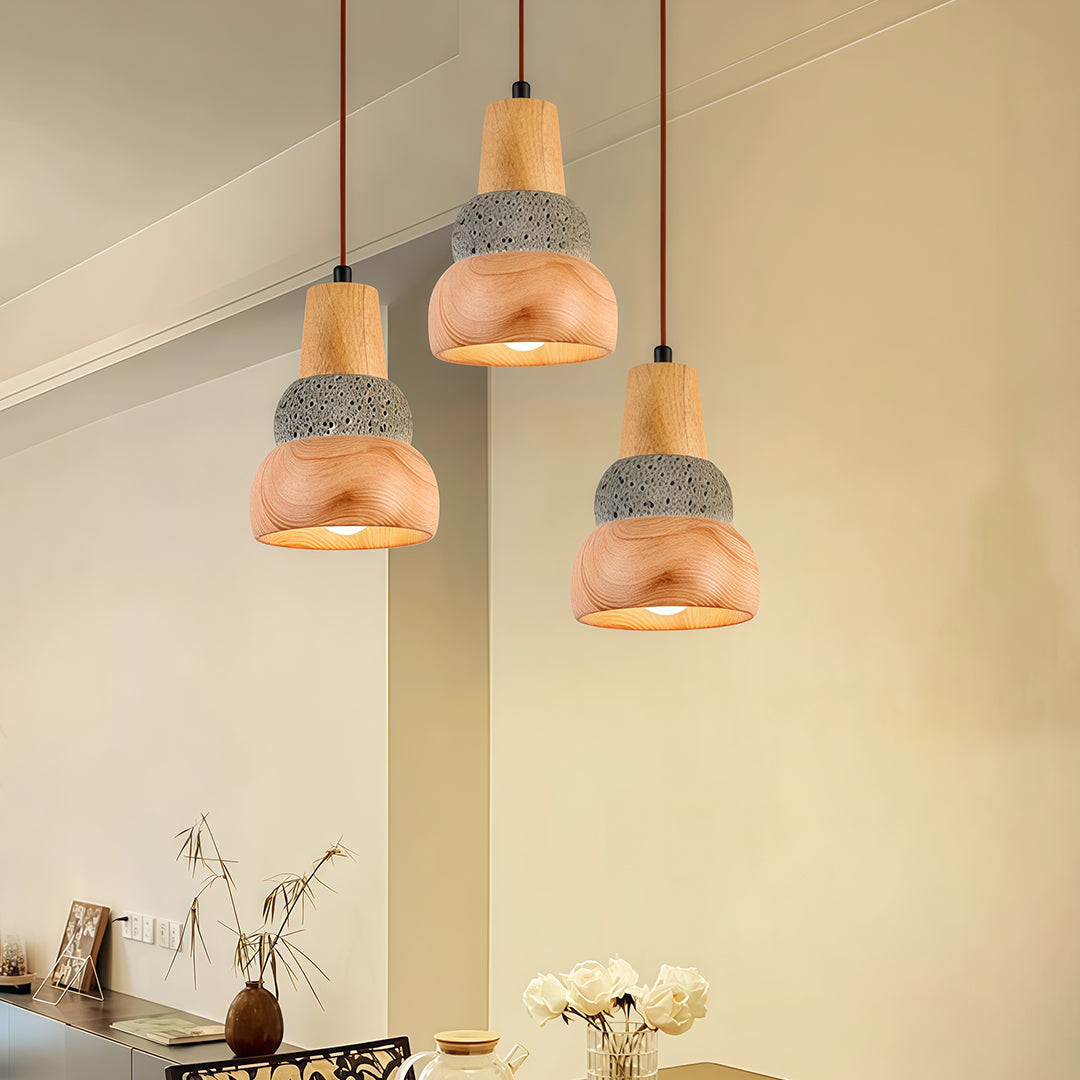 Wabi-Sabi Pendant Light — Micro-Cement and Wood, 1-Light, E27, 70.9" Adjustable Cord