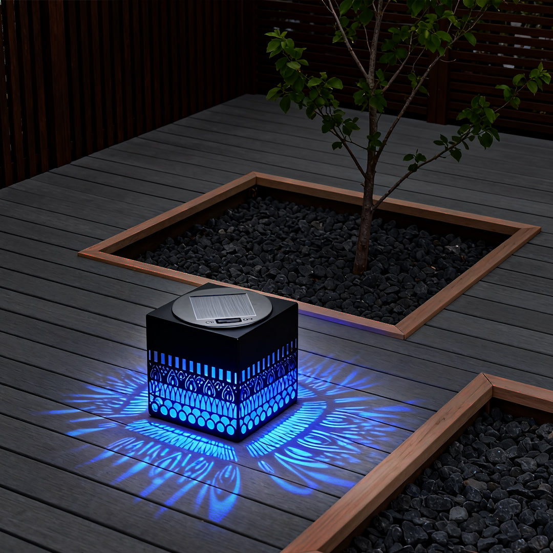 Hollow Iron Lattice Solar Outdoor Wall Sconce — Black Wrought Iron, 5W LED, Warm White / RGB, IP55, Remote Control