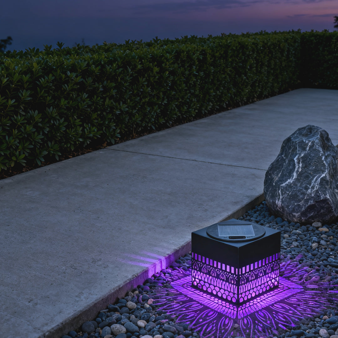 Hollow Iron Lattice Solar Outdoor Wall Sconce — Black Wrought Iron, 5W LED, Warm White / RGB, IP55, Remote Control