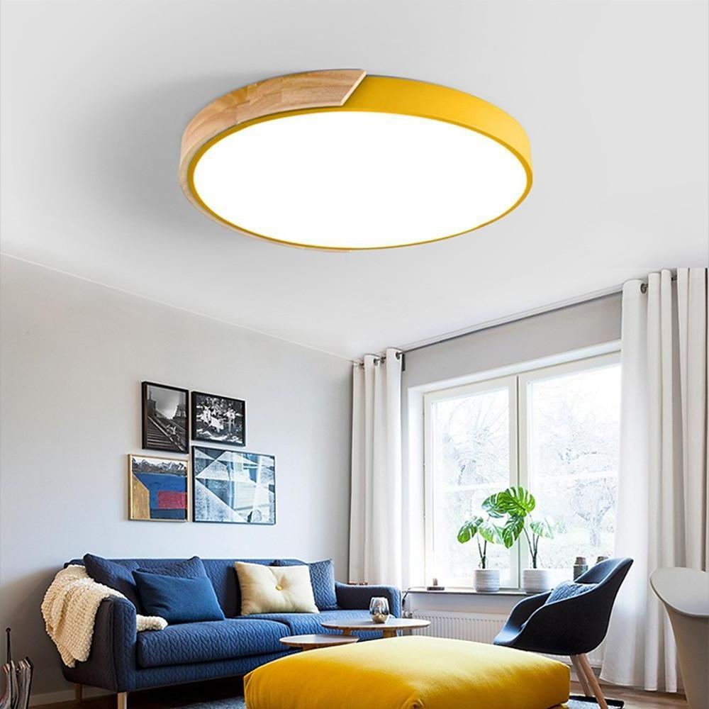 Circular Wood Flush-Mount Ceiling Light — Metal & PVC, LED, 16", 24W, Three-Step Dimming, Remote Control