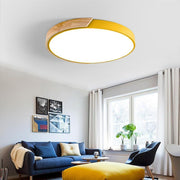 Circular Wood Flush-Mount Ceiling Light — Metal & PVC, LED, 16", 24W, Three-Step Dimming, Remote Control