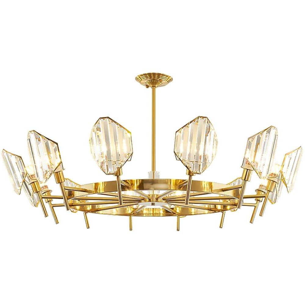 Brass Ring Frame Crystal Chandelier — Gold Electroplated, Metal Arc Branches, 5- to 12-Light