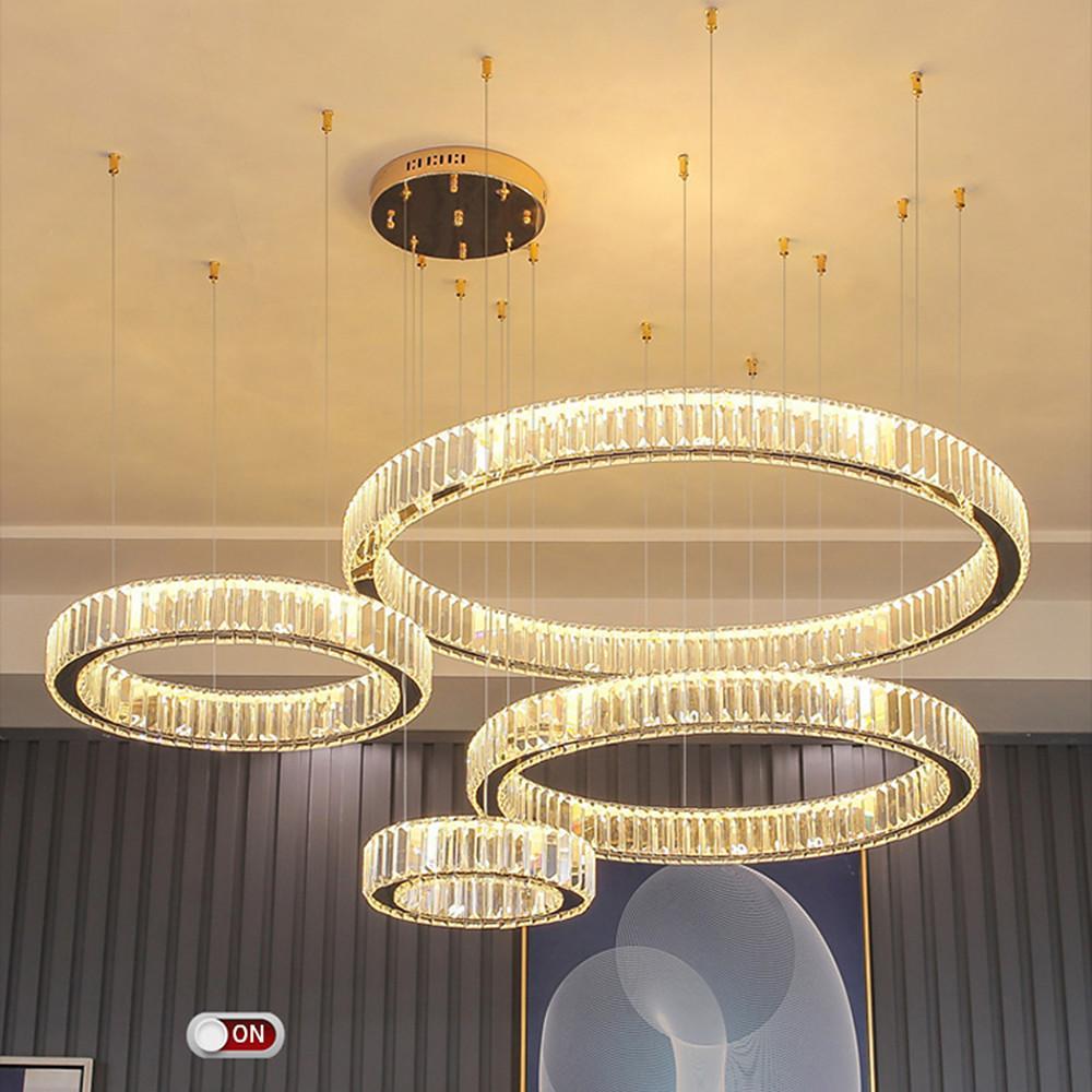 4-Ring Crystal Chandelier — Stainless Steel, Gold, LED, 31" Diameter, Remote Dimmable, 3000K/6500K