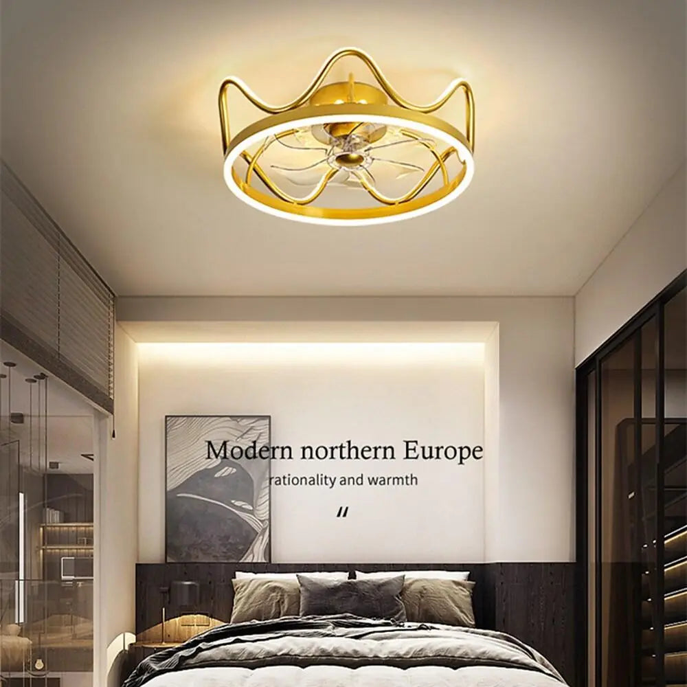 Gold and Black Crown-Shaped Ceiling Fan with Light Luxe