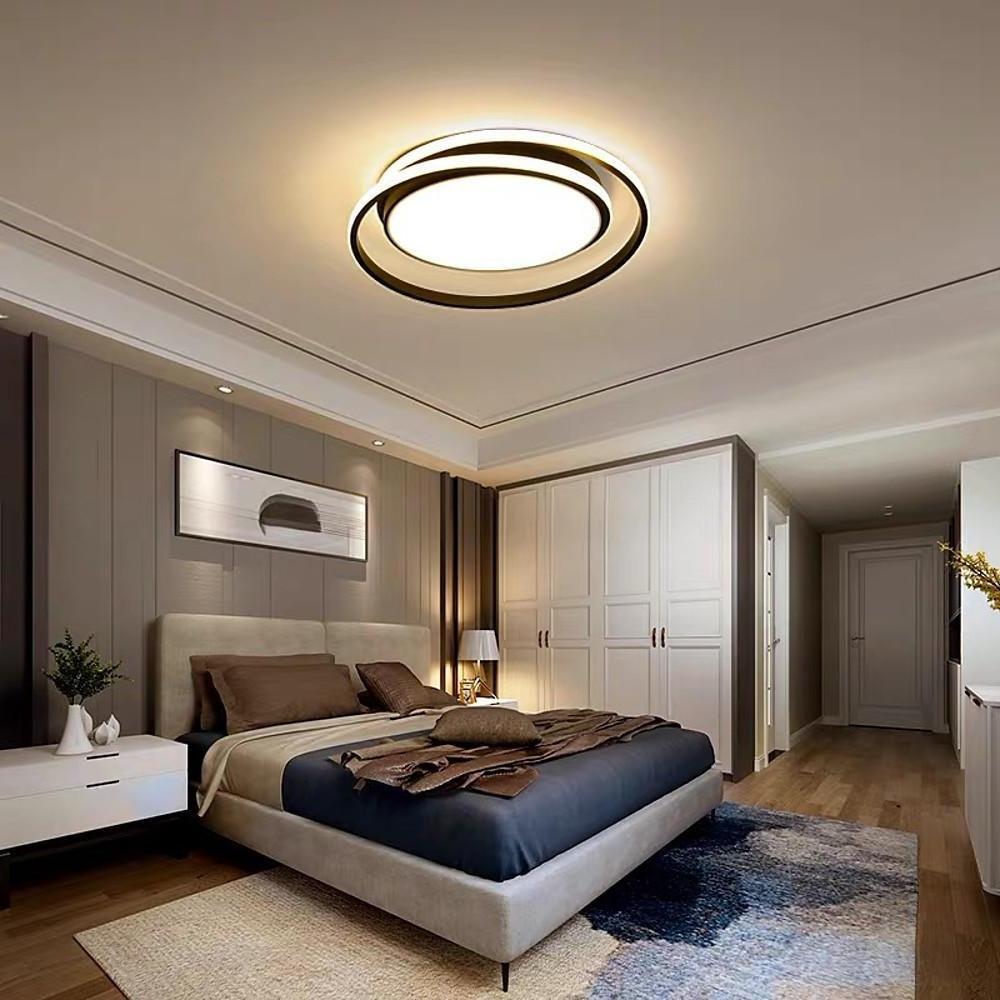 Circular LED Flush-Mount Ceiling Light — Black and Gold, Metal and Acrylic, 18" Diameter, Bedroom