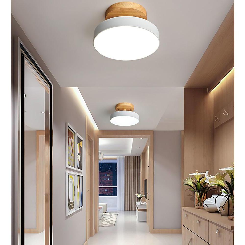 Round Minimalist Drum Flush-Mount — Metal and Wood, 14W LED Integrated, 7"