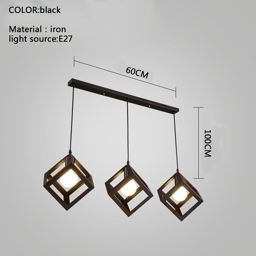 Geometric 3-Light Pendant Chandelier — Black Metal, Vintage Industrial, Adjustable, LED E27, 24" Wide