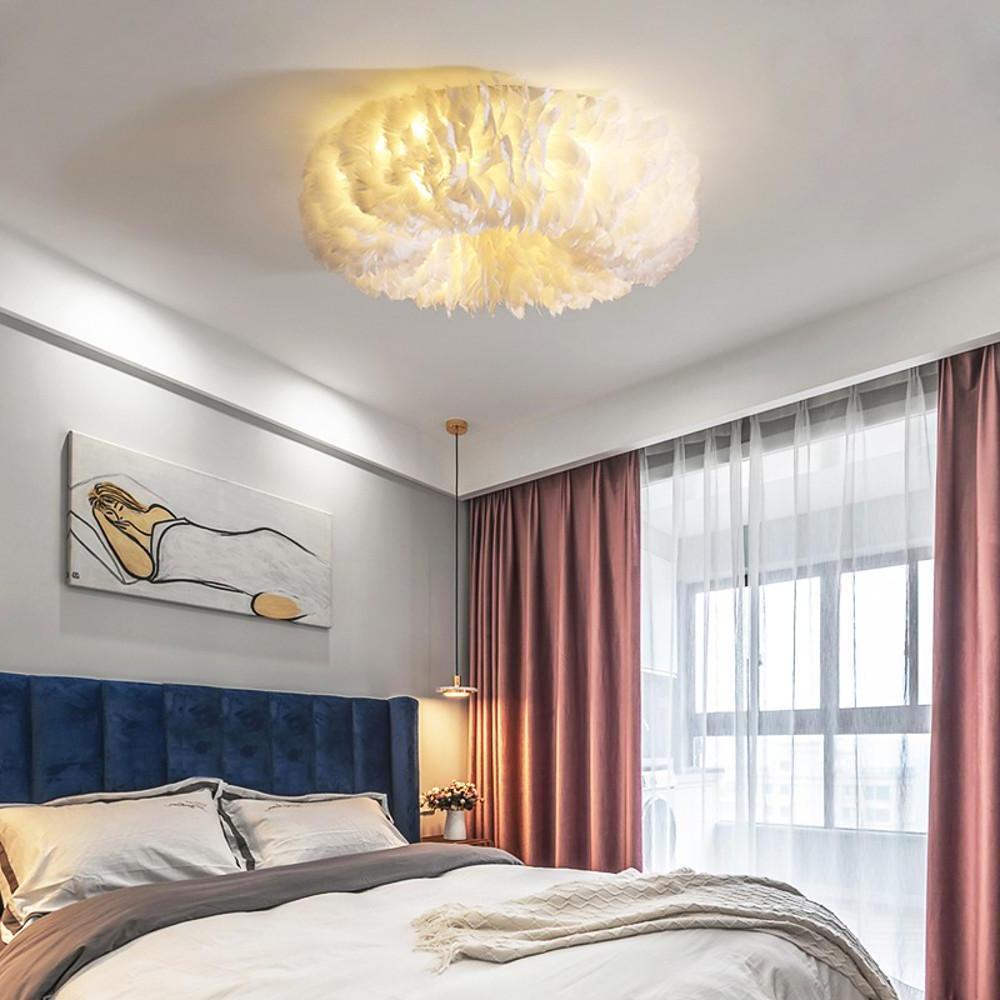 Round Feather Flush-Mount Chandelier — Metal, E27 LED, 3-Step Dimming, 6-Light or 8-Light, 20"–28"