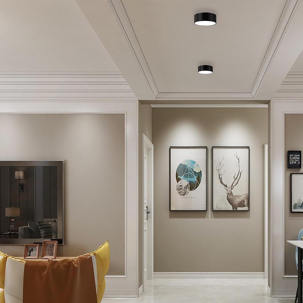 Cylindrical LED Flush-Mount Ceiling Light — Black Metal, 9" Diameter, Three-Step Dimming (3000K/4500K/6000K)