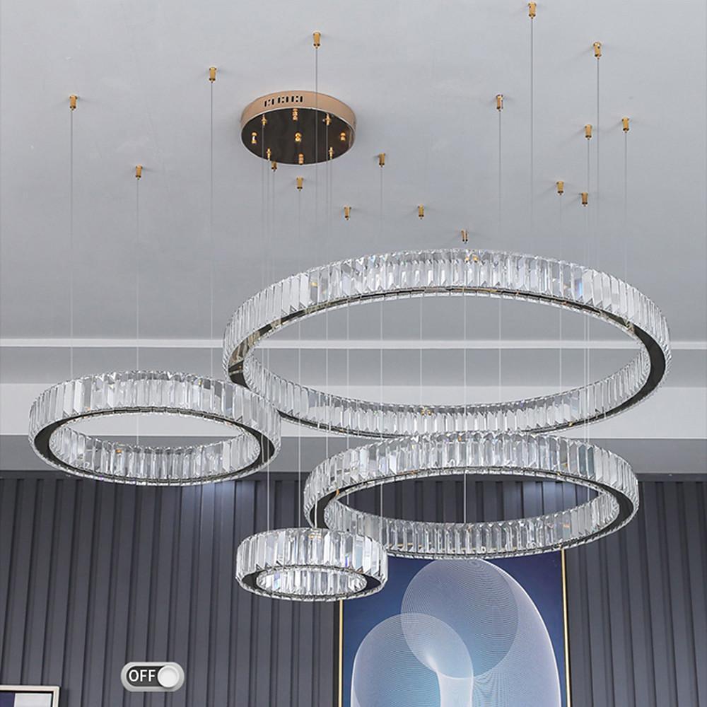 4-Ring Crystal Chandelier — Stainless Steel, Gold, LED, 31" Diameter, Remote Dimmable, 3000K/6500K