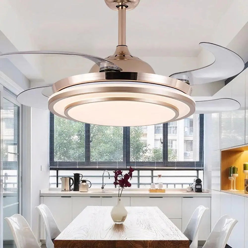 Retractable Ceiling Fan with 4 Blades, LED Light, and Elegant Gold Finish Luxe