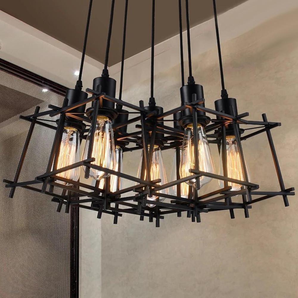 Industrial Cage Chandelier — Black Metal, Vintage Lantern, 1-Light, E26/E27, Adjustable Height
