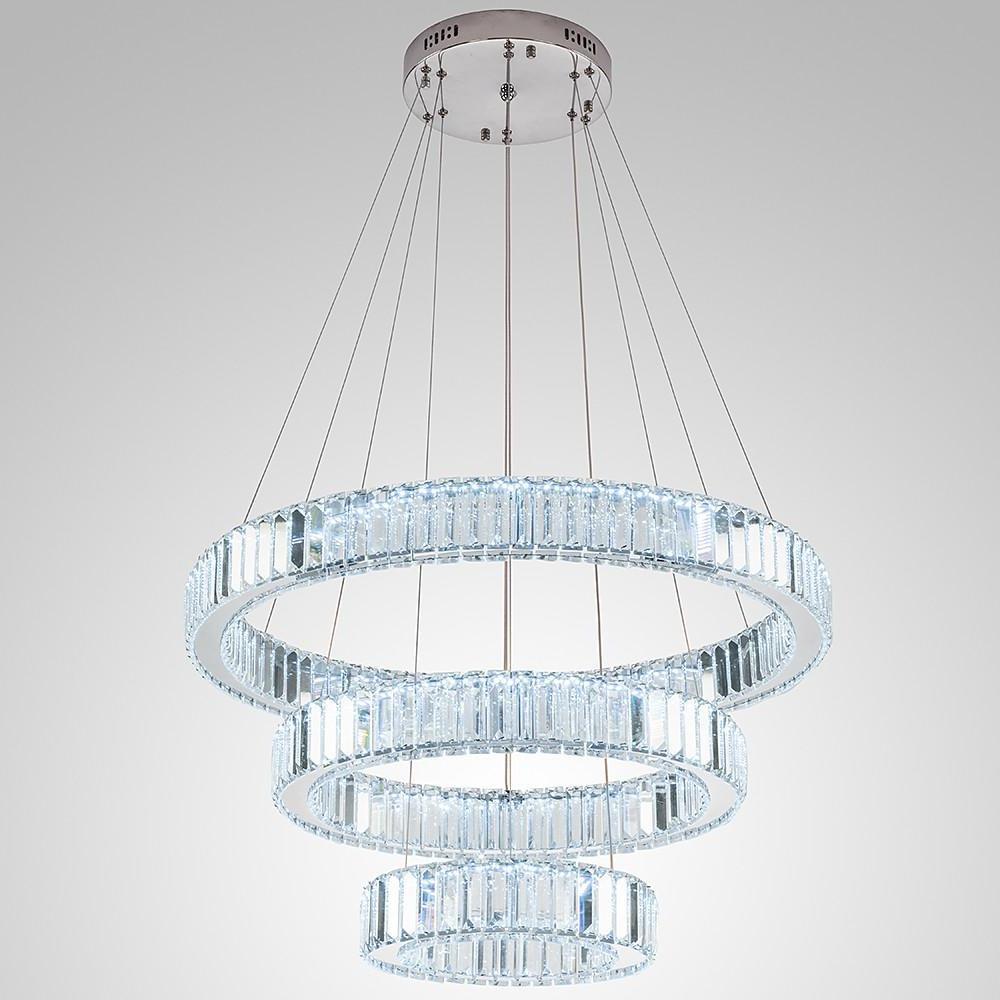 3-Tier Ring Chandelier — Polished Chrome and Crystal, LED, 28" Diameter, Adjustable Height