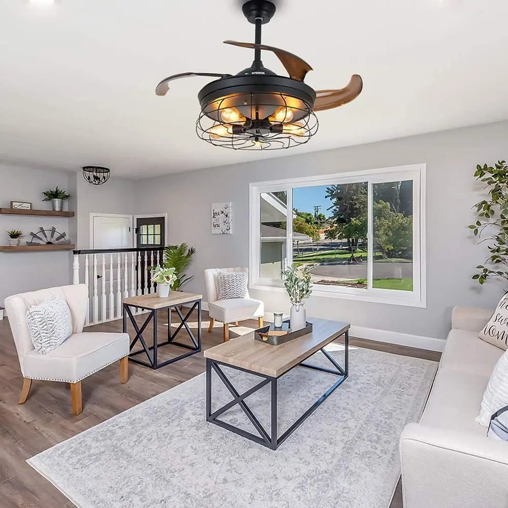 Retractable Ceiling Fan with Light - 3-Blade Farmhouse Design Luxe