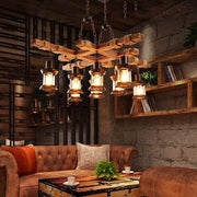 Vintage Farmhouse Geometric Chandelier — Wood and Glass, 39" Adjustable Cord, LED-Compatible