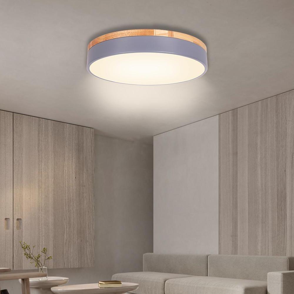 Circular Drum LED Flush-Mount Ceiling Light — Metal and Wood, 16", Three-Color Dimming, Remote Control