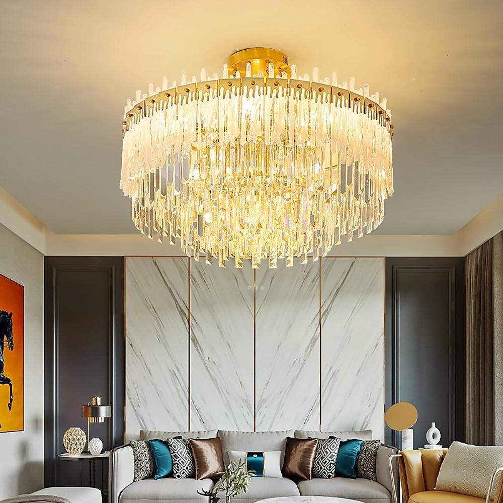 Round Gold Crystal Chandelier — Stainless Steel, 12/17-Light, 16" Cord, 4500K Neutral, 20"–24" Diameter