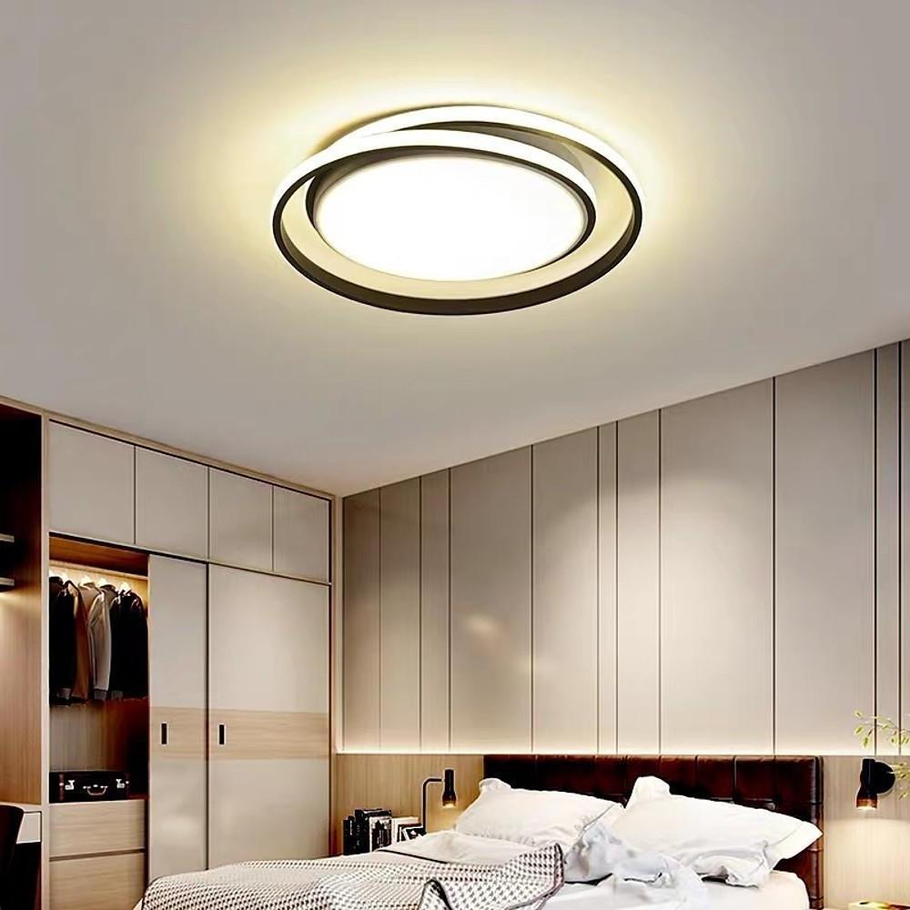 Circular LED Flush-Mount Ceiling Light — Black and Gold, Metal and Acrylic, 18" Diameter, Bedroom